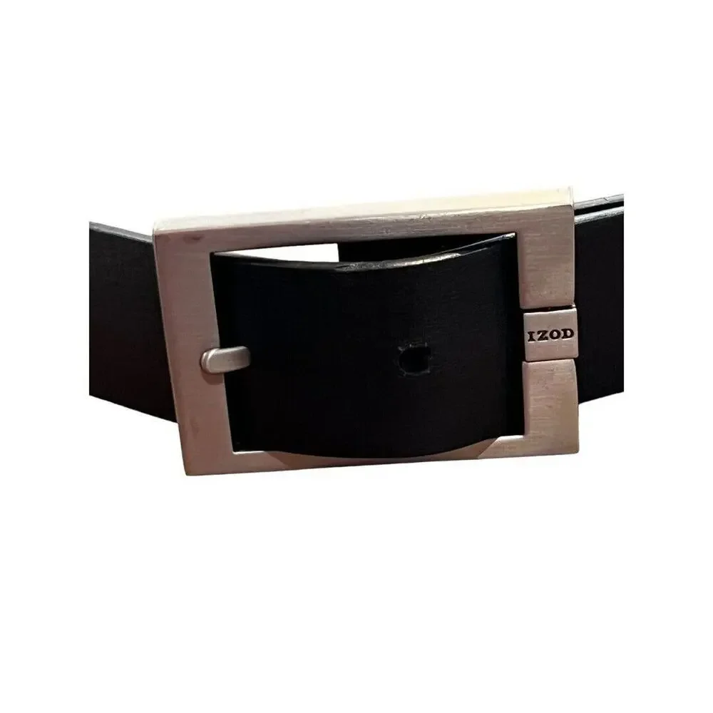 40 Izod Black Textured Leather Mens Belt Silver Metal Buckle